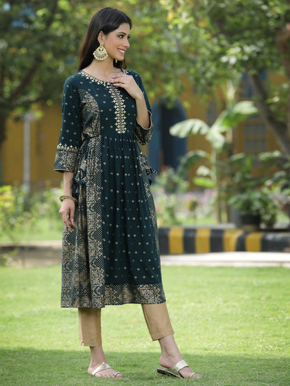 Green Rayon Festive Wear Printed Flared Kurta