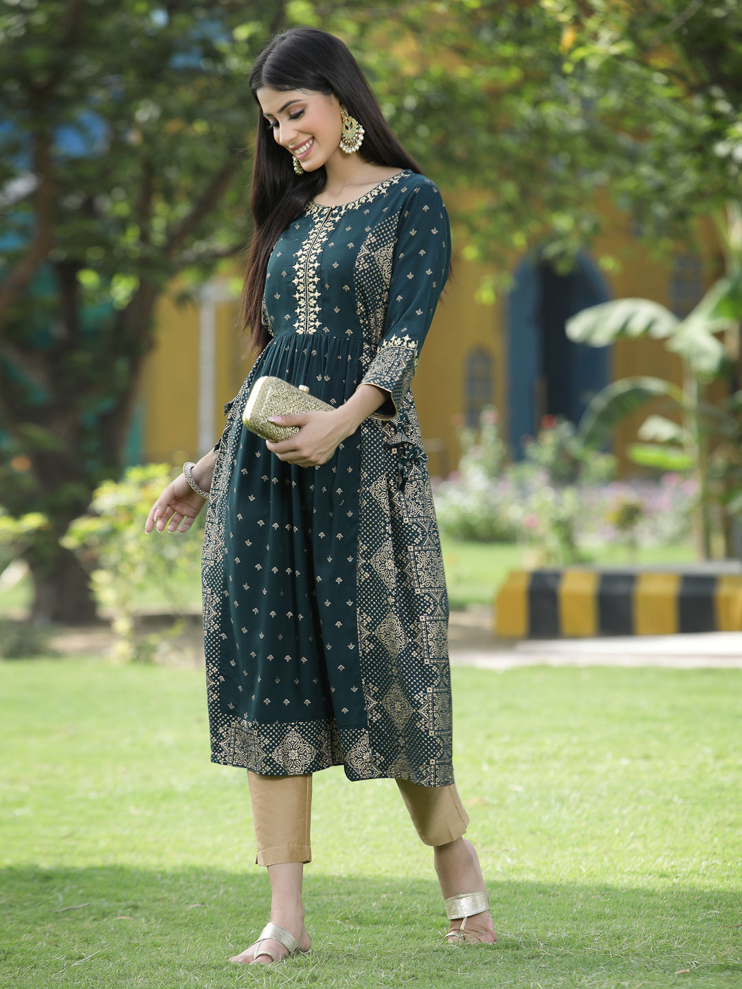 Green Rayon Festive Wear Printed Flared Kurta