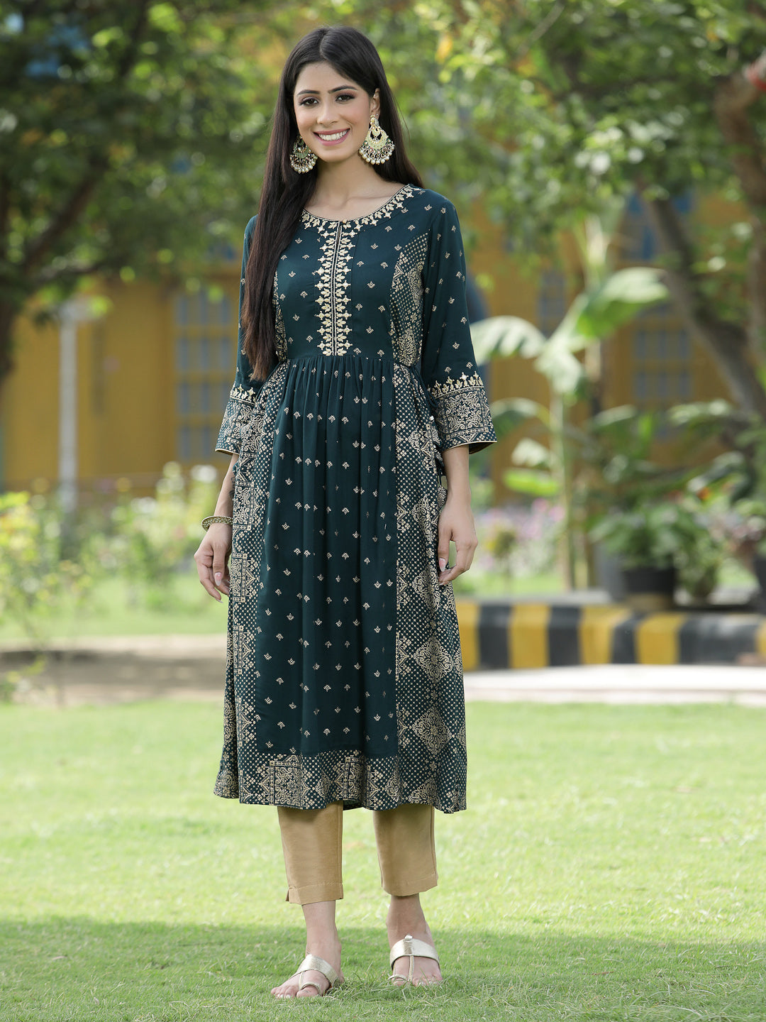 Green Rayon Festive Wear Printed Flared Kurta