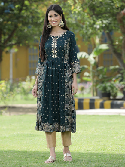Green Rayon Festive Wear Printed Flared Kurta