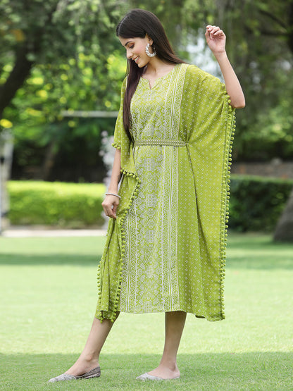 Green Georgette Festive Bandhej Printed Straight Kaftan