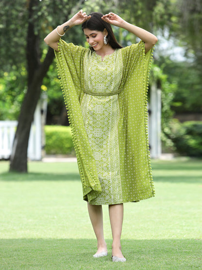 Green Georgette Festive Bandhej Printed Straight Kaftan