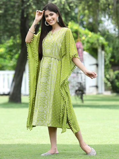 Green Georgette Festive Bandhej Printed Straight Kaftan