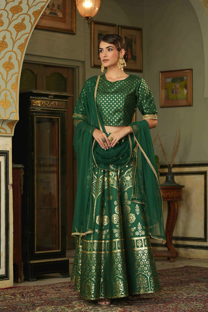 Green Santoon Slub Festive Foil Printed Straight Lehenga Choli Set