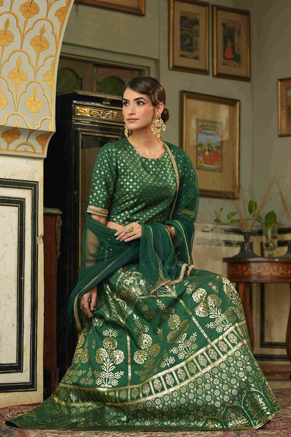 Green Santoon Slub Festive Foil Printed Straight Lehenga Choli Set