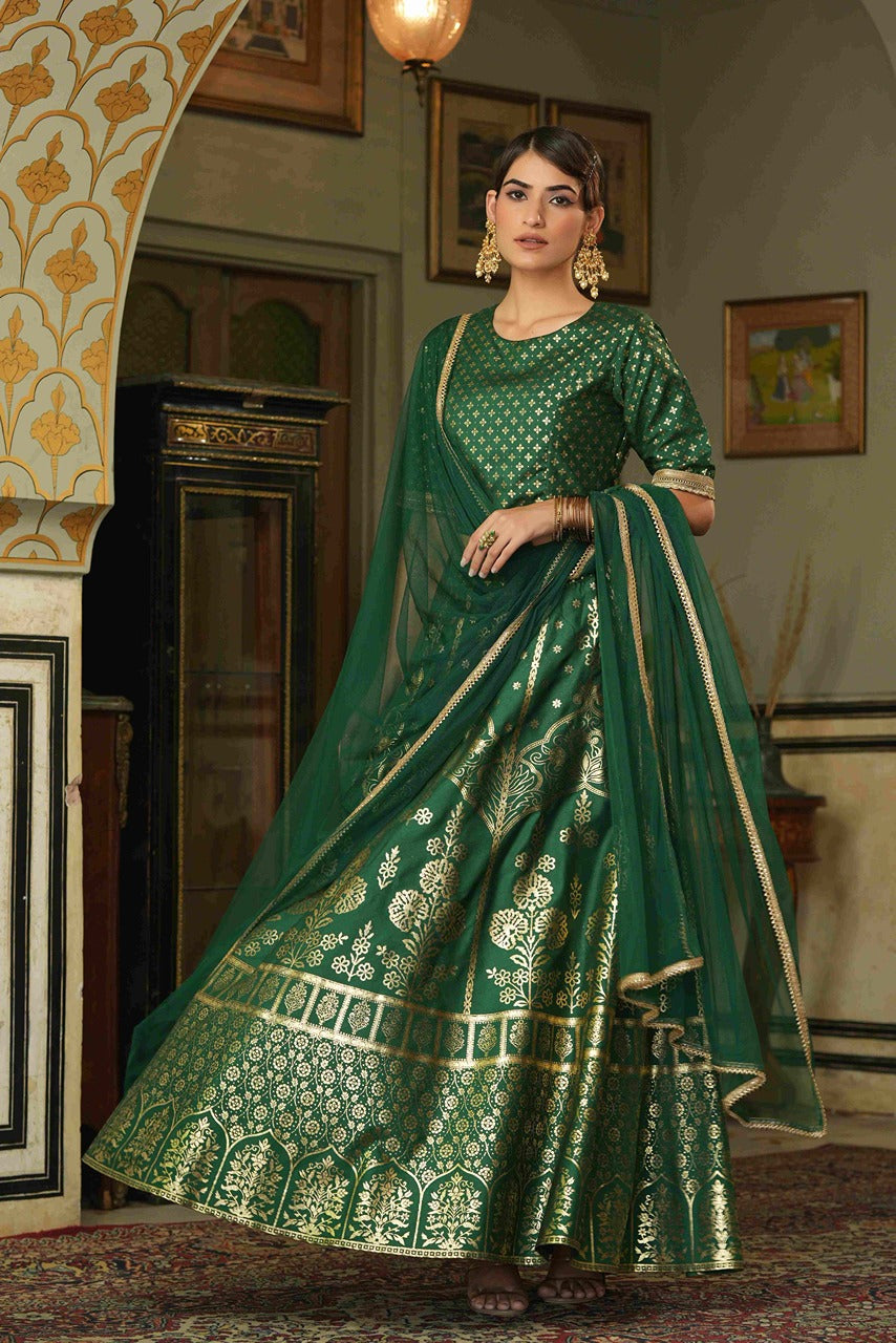 Green Santoon Slub Festive Foil Printed Straight Lehenga Choli Set
