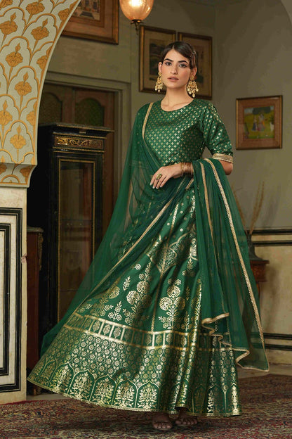 Green Santoon Slub Festive Foil Printed Straight Lehenga Choli Set
