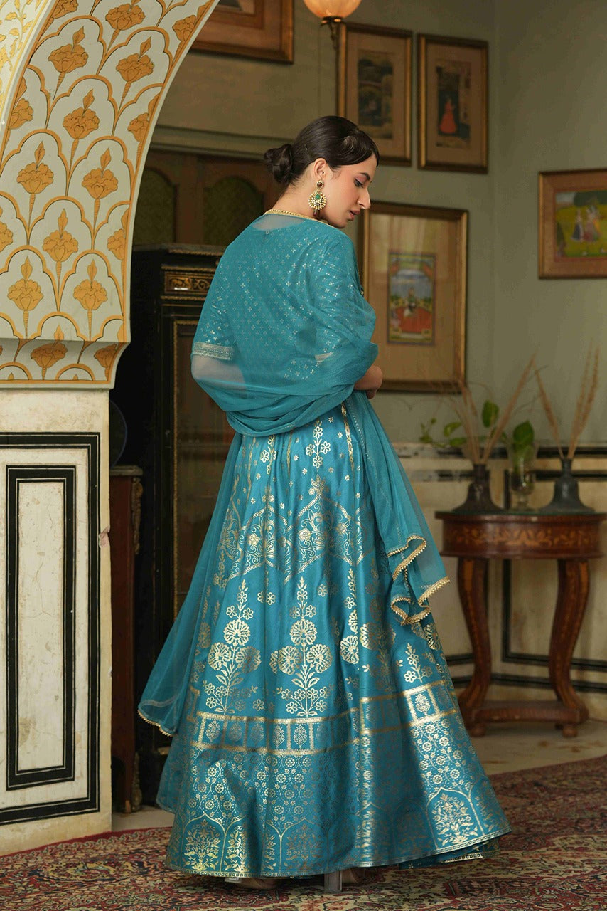 Teal Santoon Slub Festive Foil Printed Straight Lehenga Choli Set