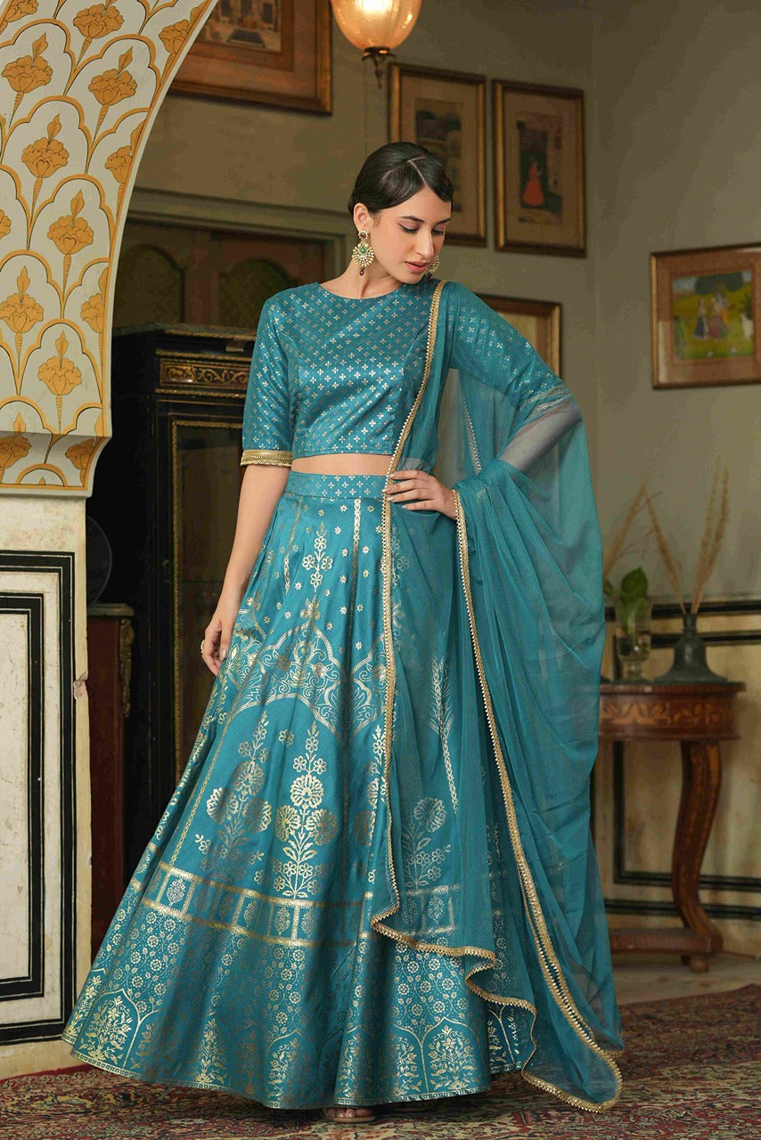 Teal Santoon Slub Festive Foil Printed Straight Lehenga Choli Set