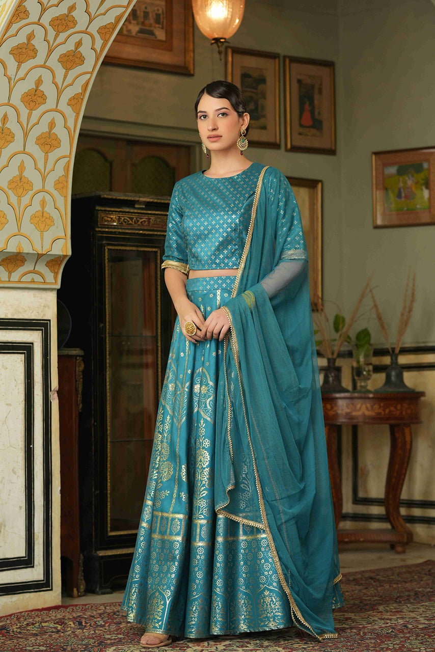 Teal Santoon Slub Festive Foil Printed Straight Lehenga Choli Set