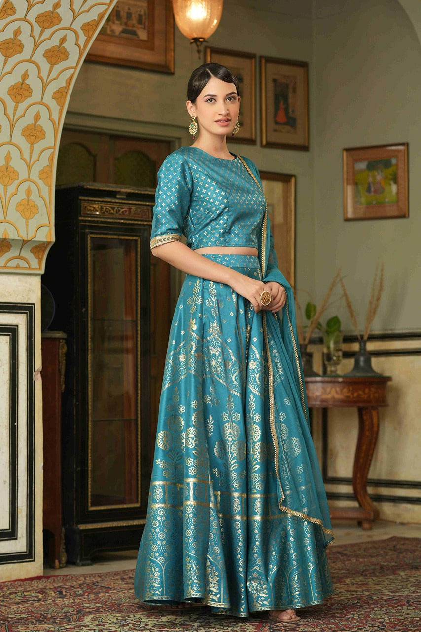 Teal Santoon Slub Festive Foil Printed Straight Lehenga Choli Set