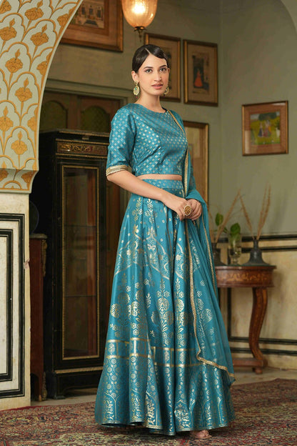 Teal Santoon Slub Festive Foil Printed Straight Lehenga Choli Set