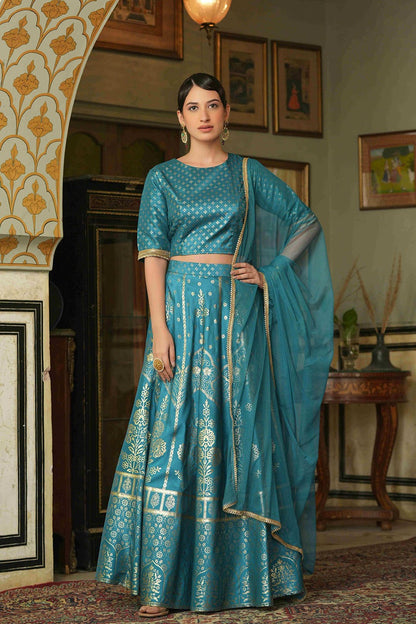 Teal Santoon Slub Festive Foil Printed Straight Lehenga Choli Set