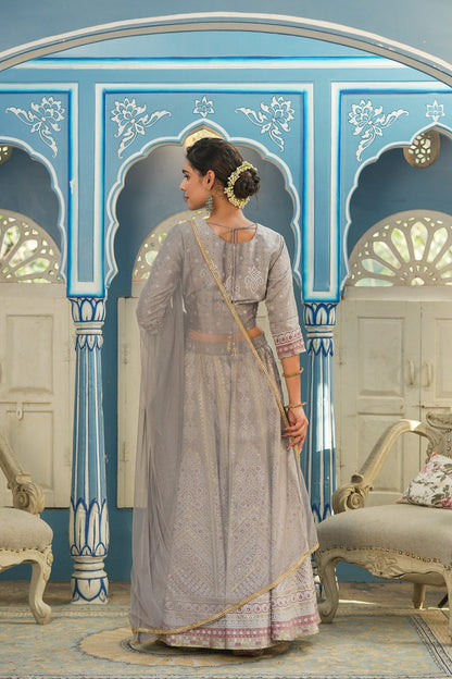 Grey Santoon Slub Festive Foil Printed Straight Lehnga Choli Set