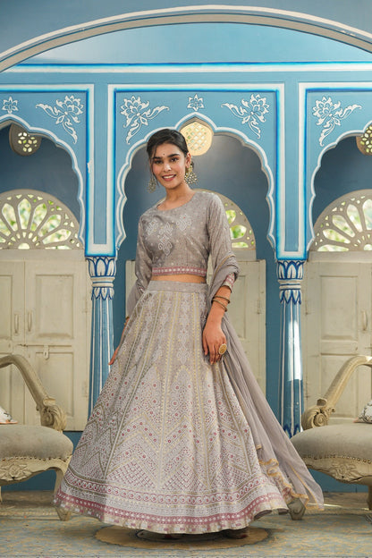 Grey Santoon Slub Festive Foil Printed Straight Lehnga Choli Set