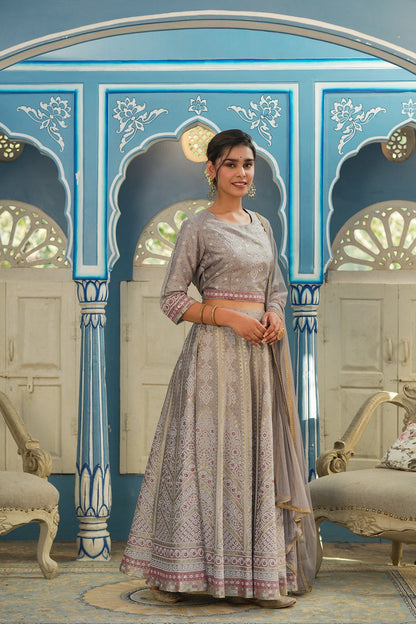 Grey Santoon Slub Festive Foil Printed Straight Lehnga Choli Set