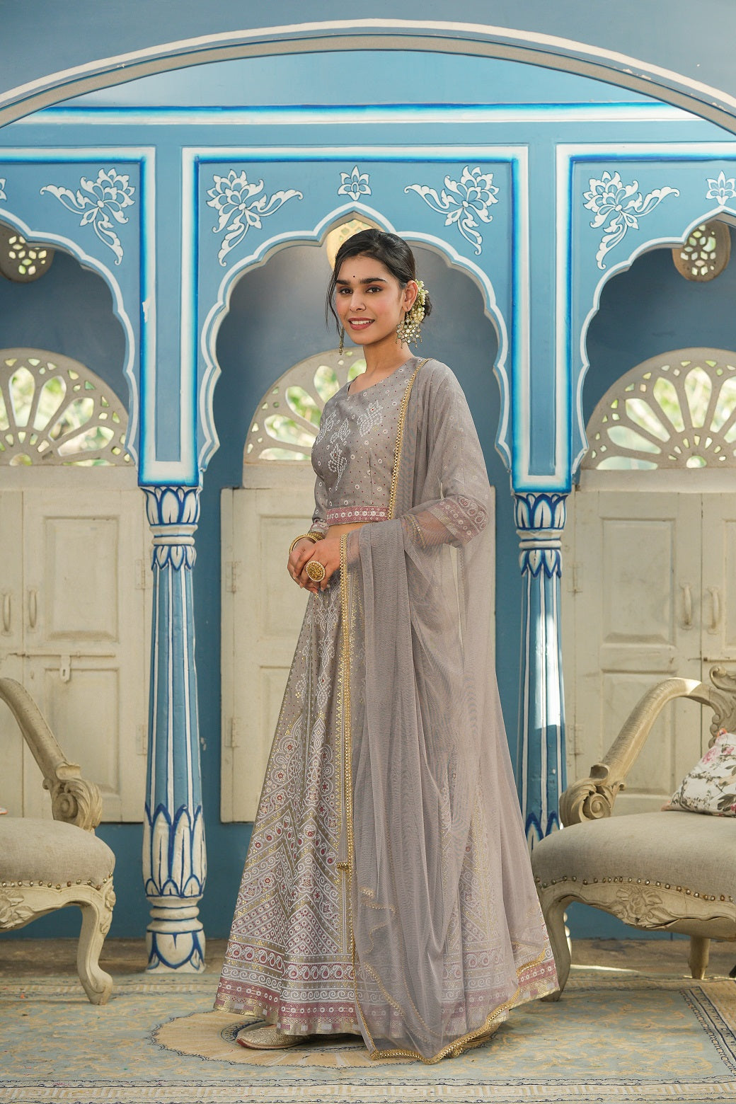 Grey Santoon Slub Festive Foil Printed Straight Lehnga Choli Set