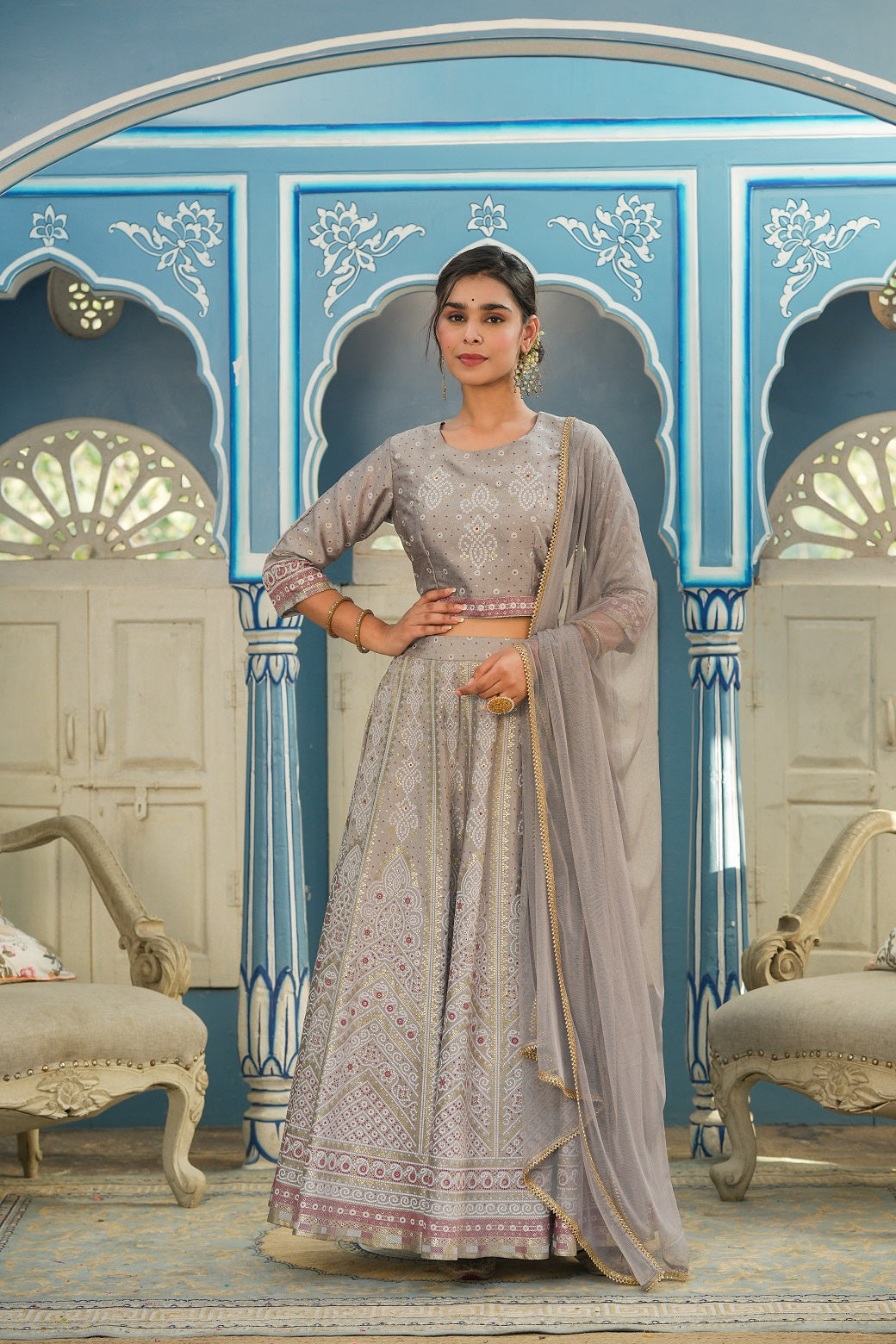 Grey Santoon Slub Festive Foil Printed Straight Lehnga Choli Set