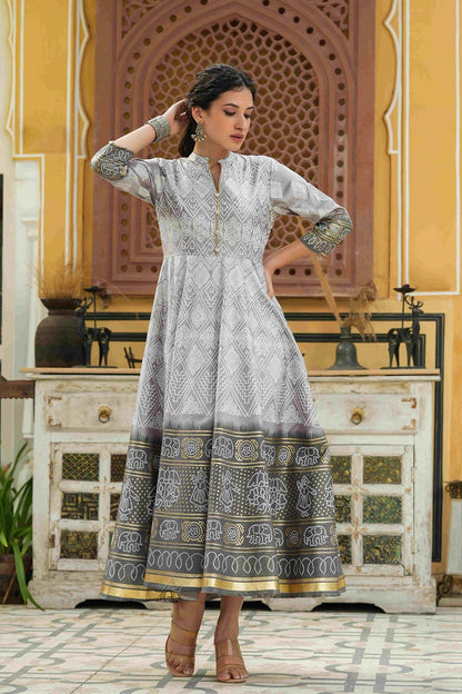 Grey Shantoon Festive Print Foil Print Flared Dress