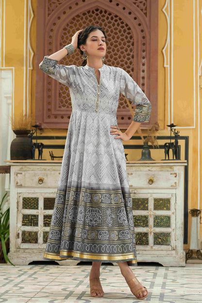 Grey Shantoon Festive Print Foil Print Flared Dress