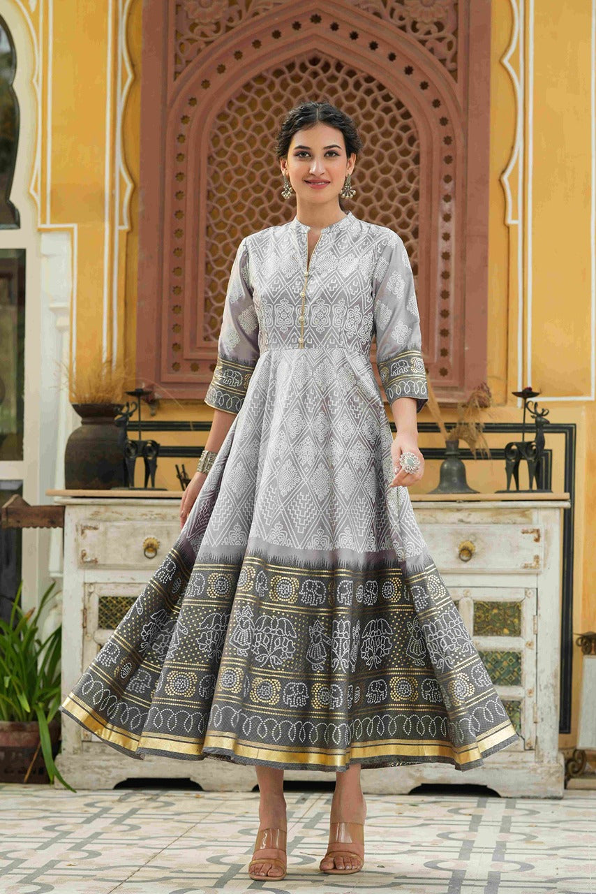 Grey Shantoon Festive Print Foil Print Flared Dress