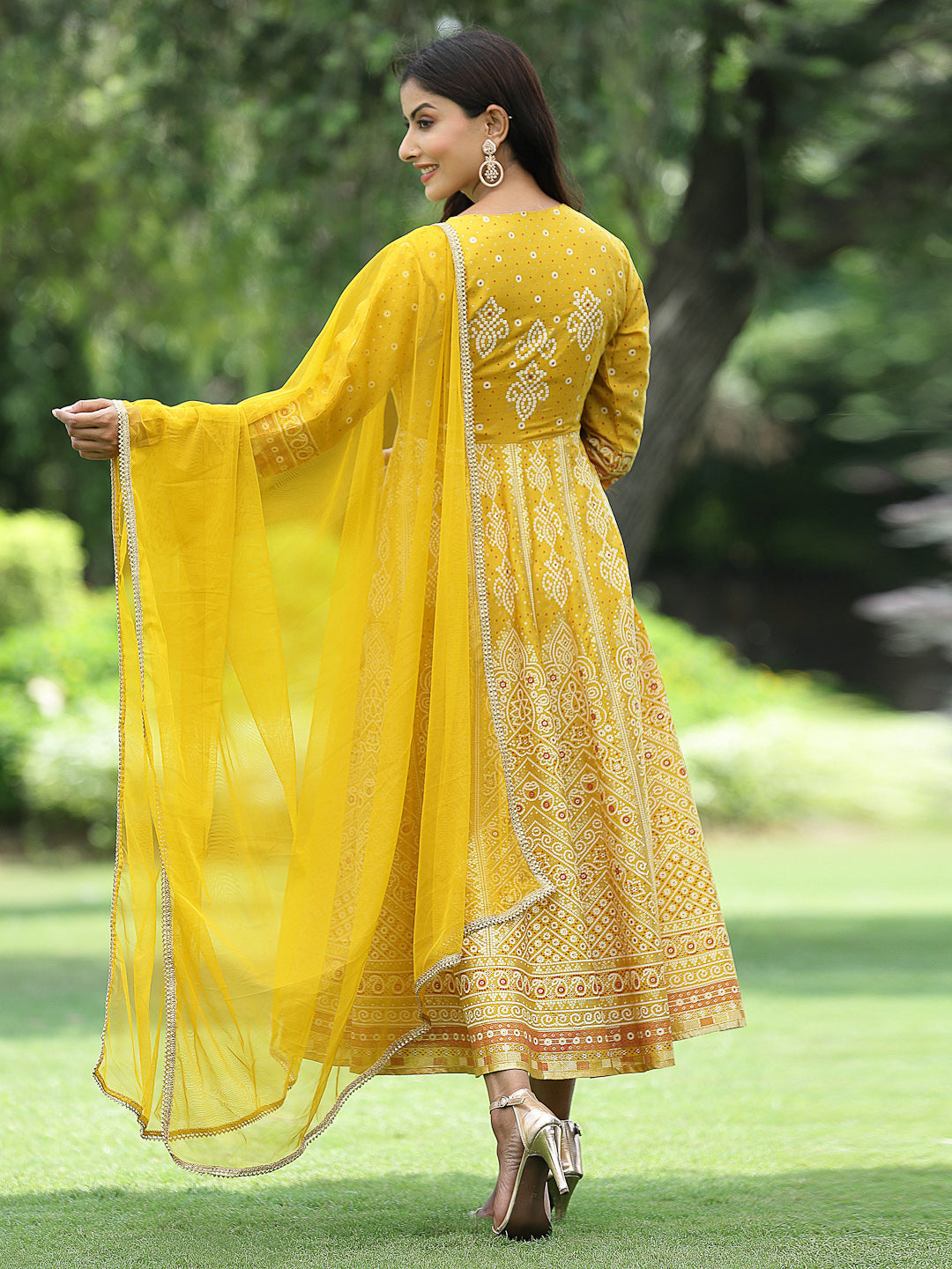Mustard Santoon Slub Festive Print Flared Kurta Dupatta Set