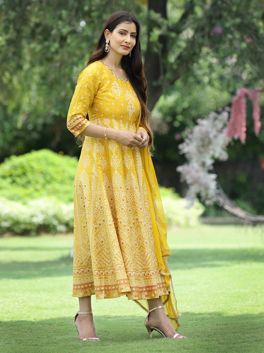 Mustard Santoon Slub Festive Print Flared Kurta Dupatta Set