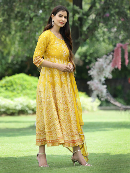 Mustard Santoon Slub Festive Print Flared Kurta Dupatta Set