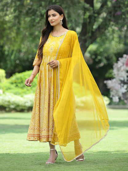 Mustard Santoon Slub Festive Print Flared Kurta Dupatta Set