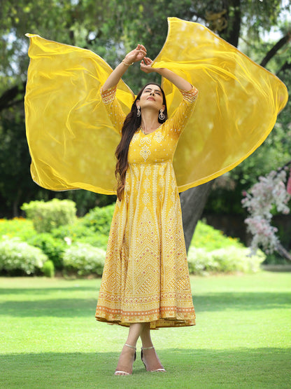 Mustard Santoon Slub Festive Print Flared Kurta Dupatta Set