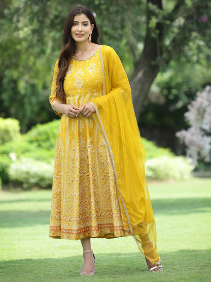 Mustard Santoon Slub Festive Print Flared Kurta Dupatta Set