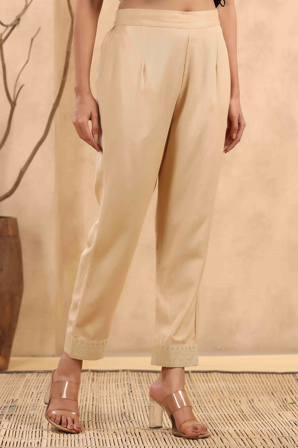 Gold Rayon Casual Wear Solid Straight Pants