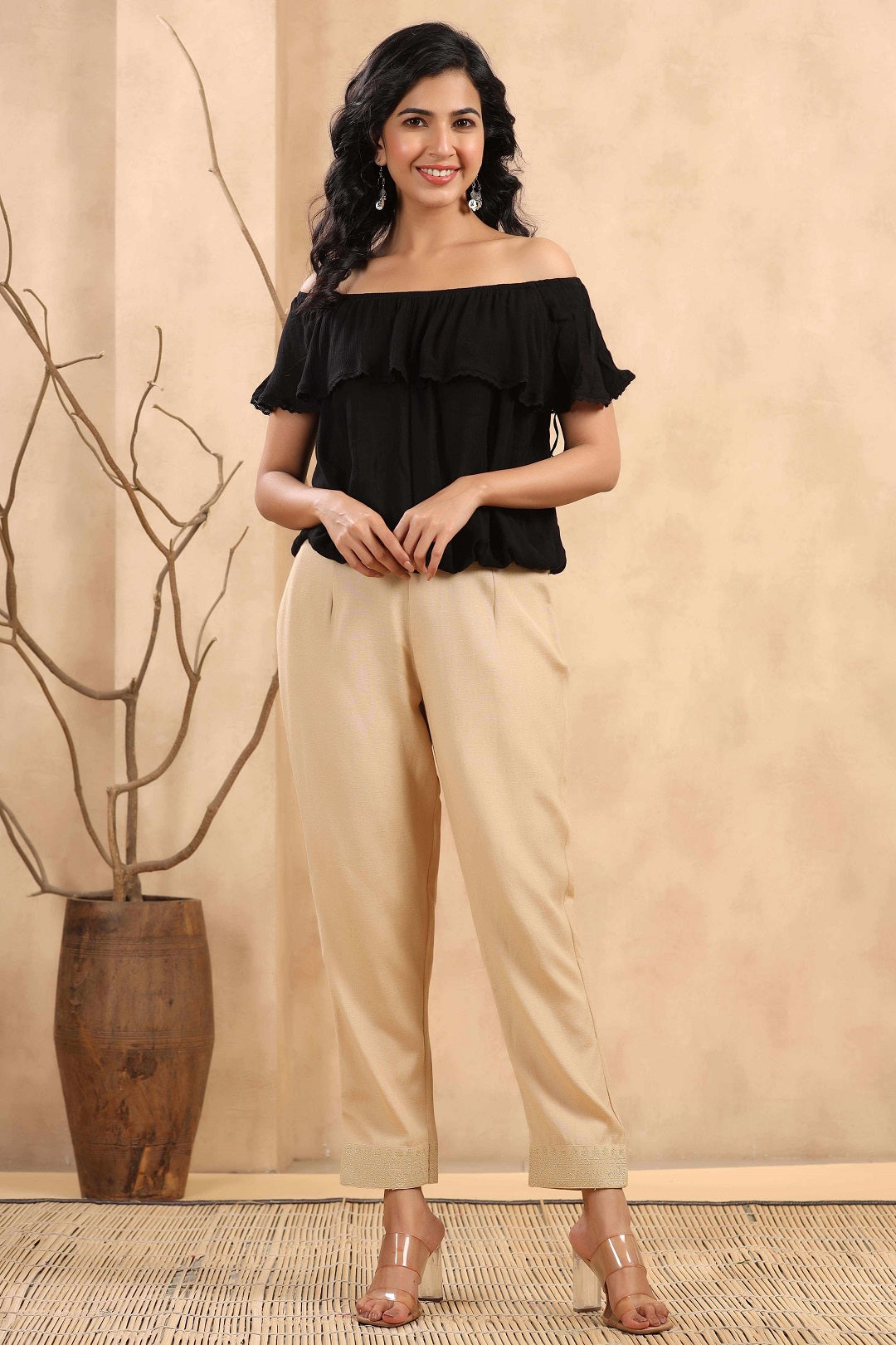 Gold Rayon Casual Wear Solid Straight Pants