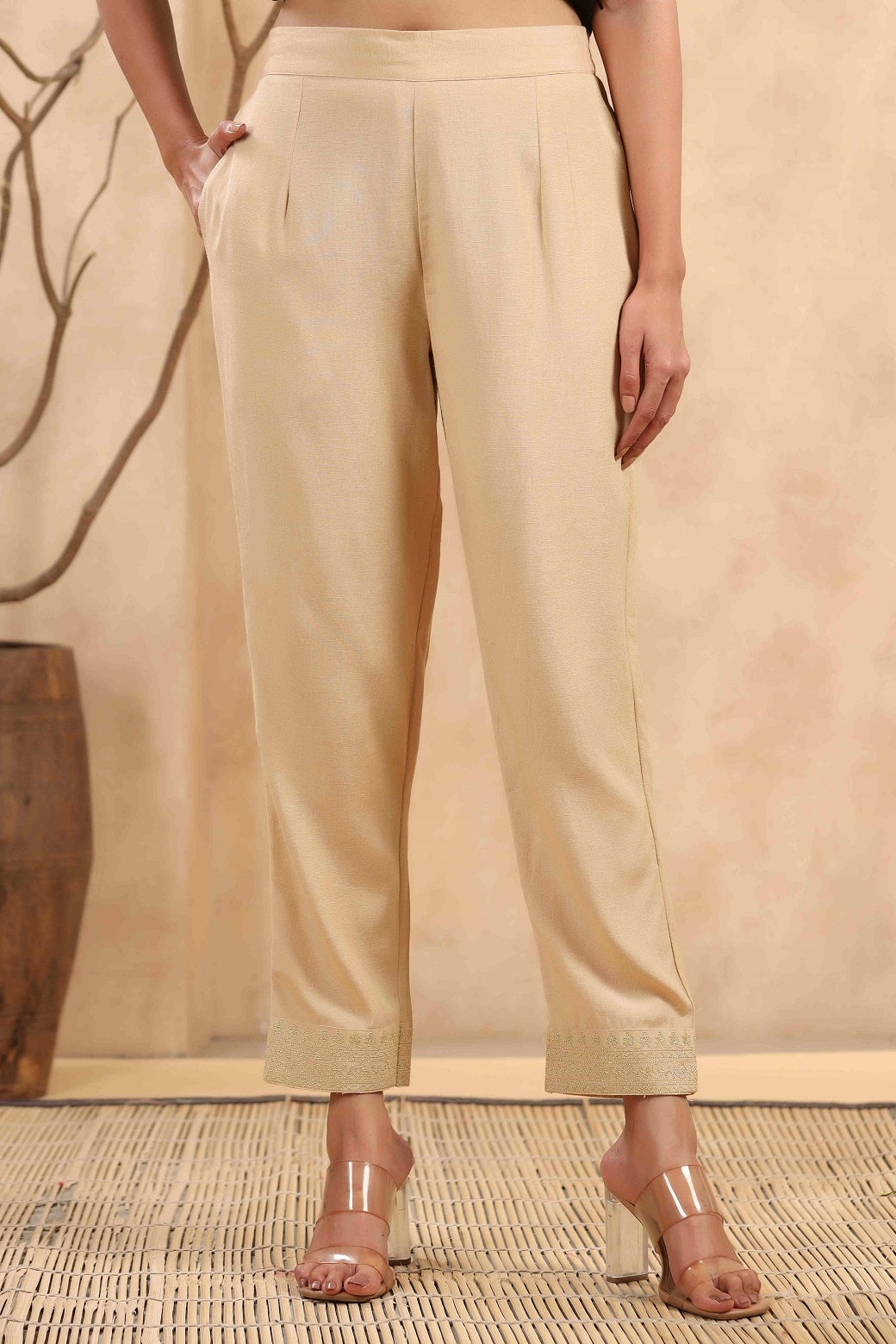 Gold Rayon Casual Wear Solid Straight Pants