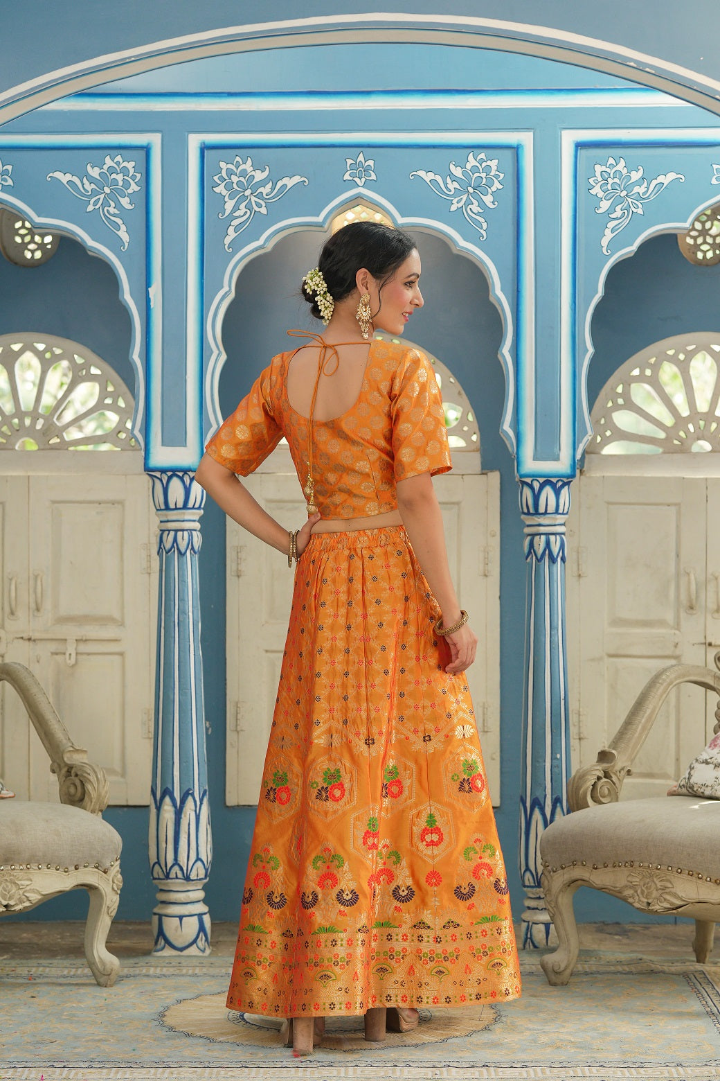 Mustared Printed Brocade Festive Wear Lehenga Choli Sets