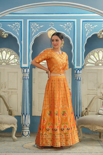 Mustared Printed Brocade Festive Wear Lehenga Choli Sets