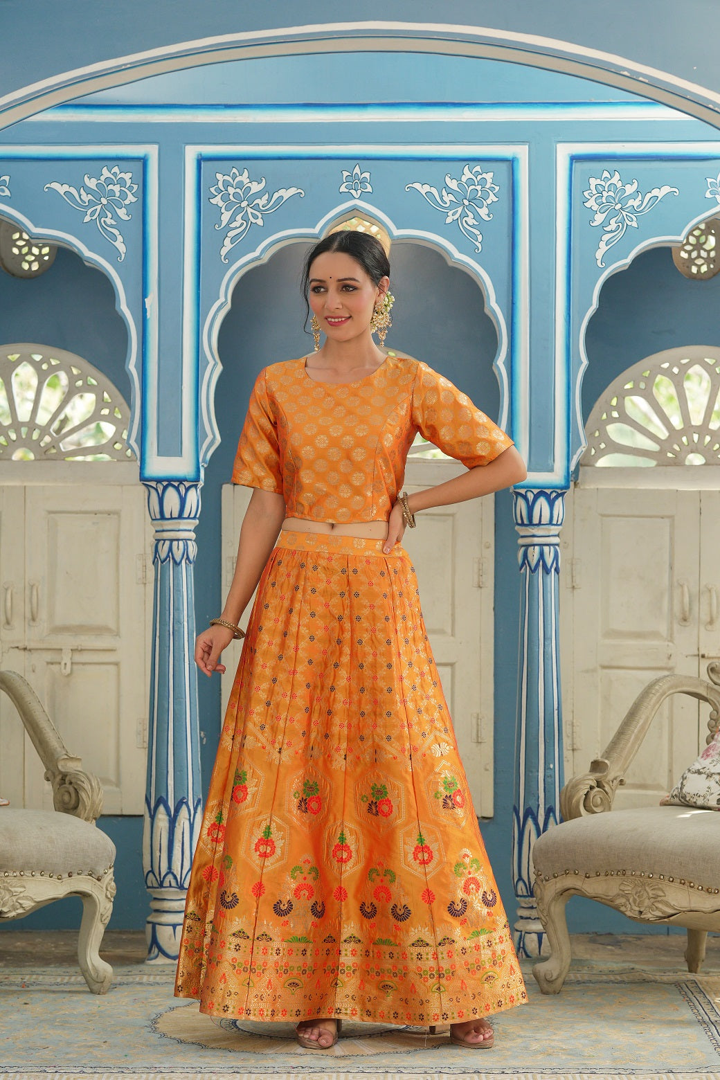 Mustared Printed Brocade Festive Wear Lehenga Choli Sets