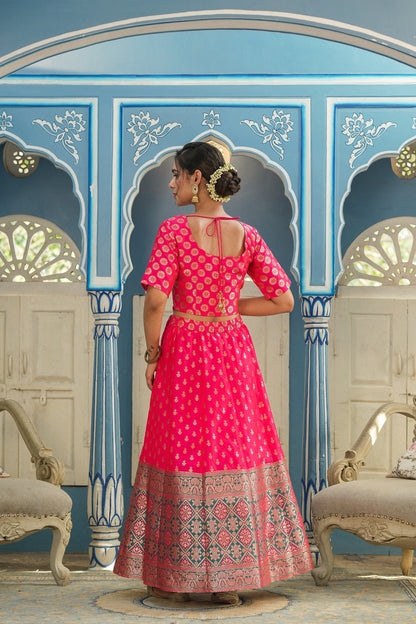 Fuschia Printed Brocade Festive Wear Lehenga Choli Sets