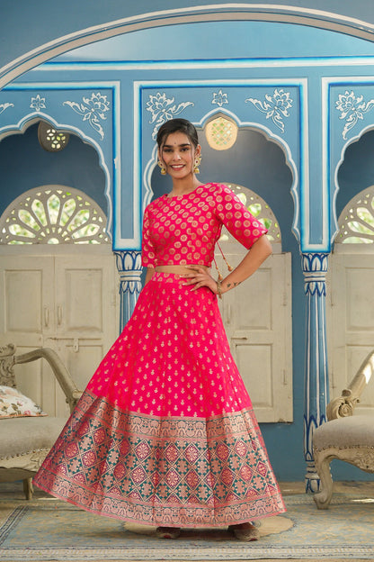 Fuschia Printed Brocade Festive Wear Lehenga Choli Sets