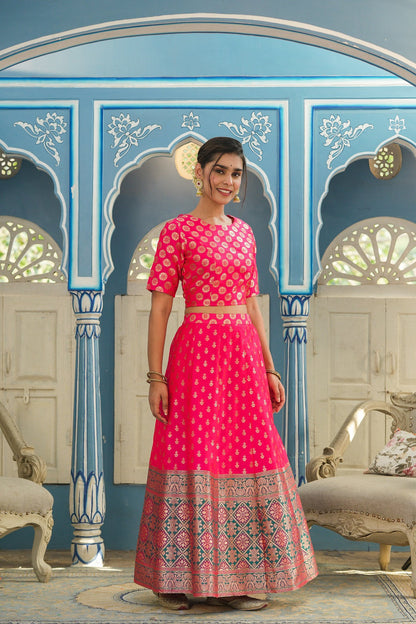 Fuschia Printed Brocade Festive Wear Lehenga Choli Sets