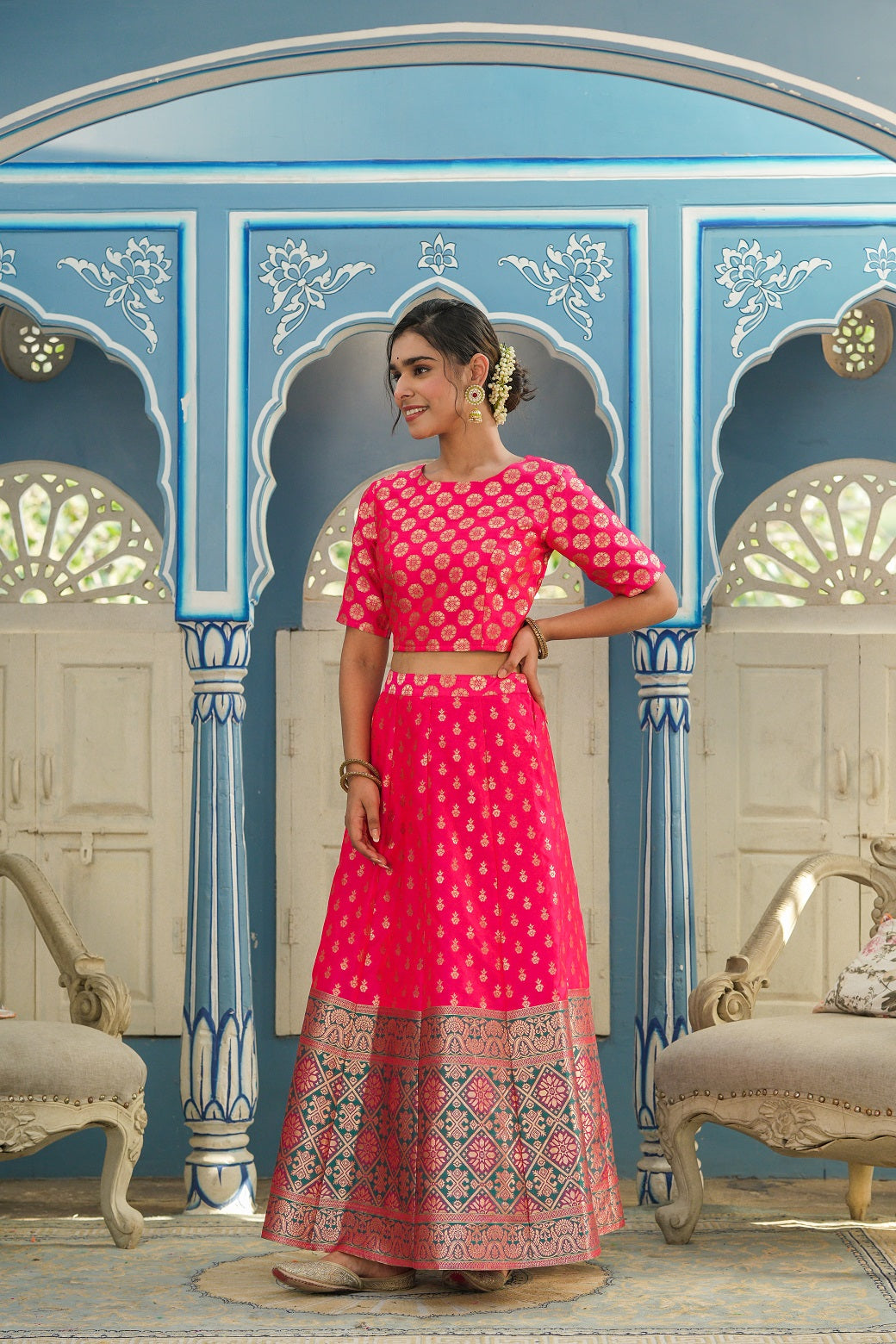 Fuschia Printed Brocade Festive Wear Lehenga Choli Sets
