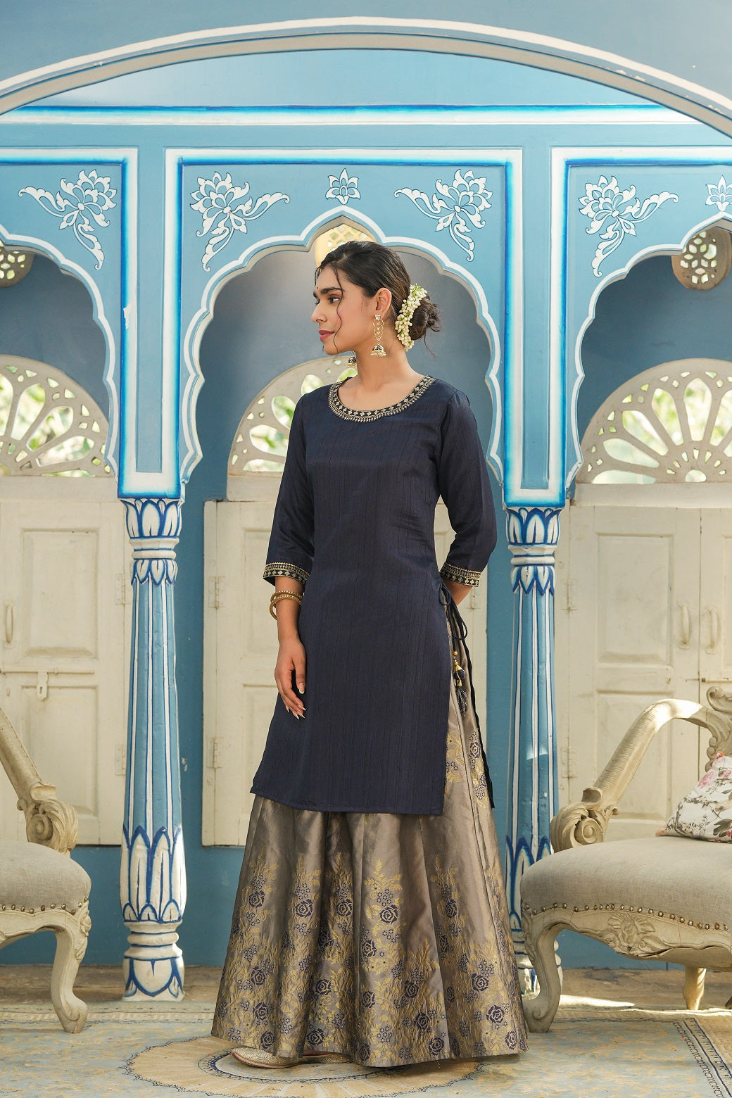 Blue Solid Kurta Printed Brocade Skirt Festive Wear Lehenga Choli Sets