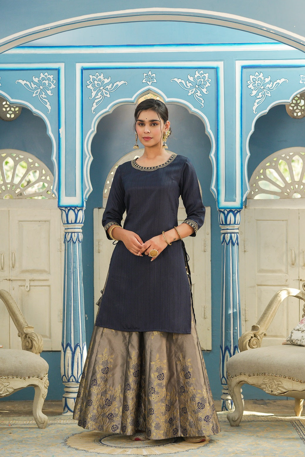 Blue Solid Kurta Printed Brocade Skirt Festive Wear Lehenga Choli Sets