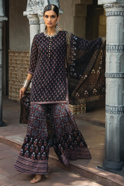 Black Georgette Festive Floral Print Straight Tunic-Sharara With Dupatta