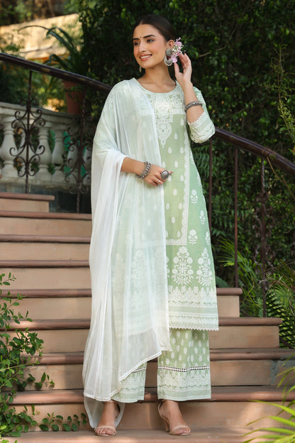 Green Cambric Printed Straight Kurta Sets