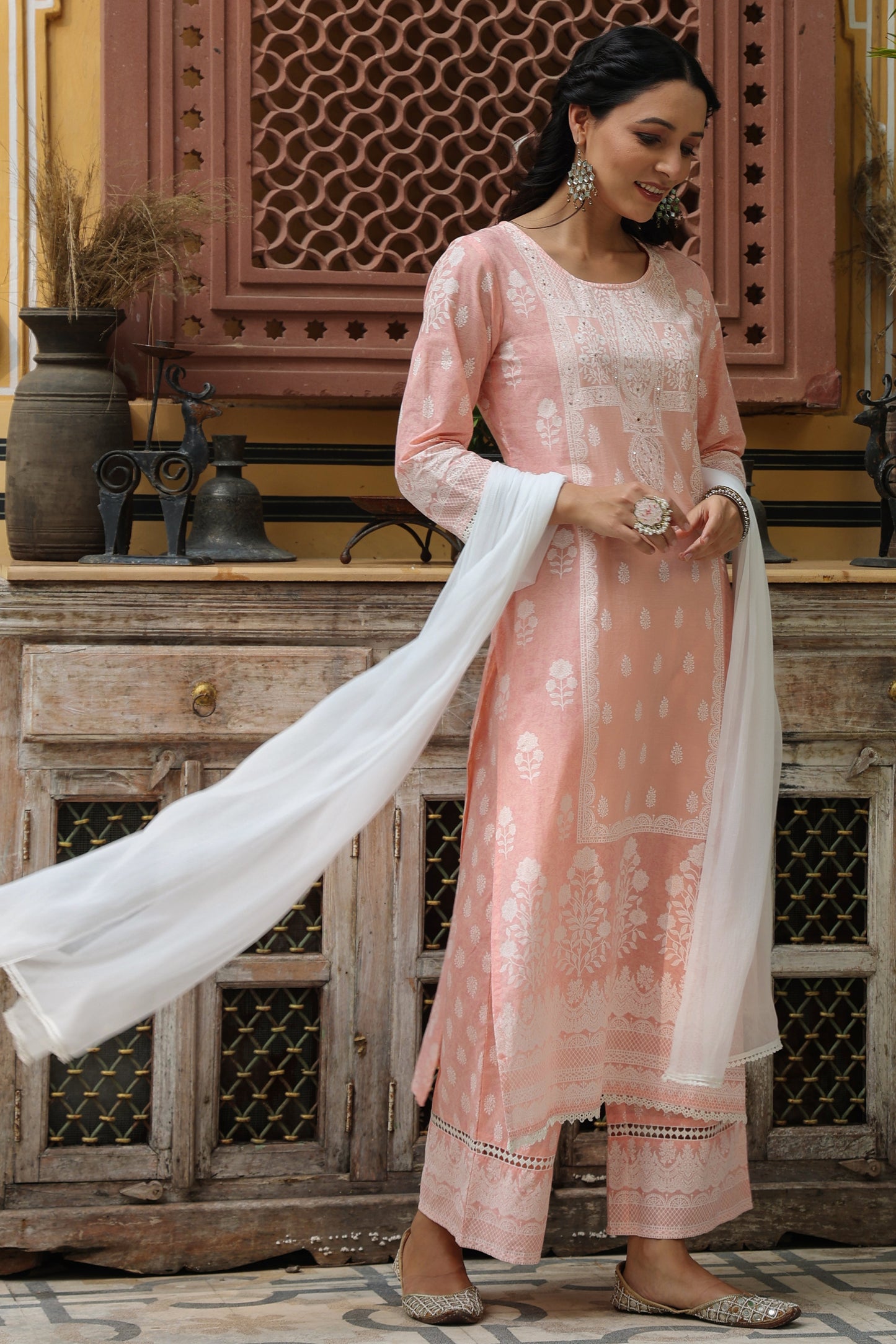 Peach  Printed Straight Kurta Sets