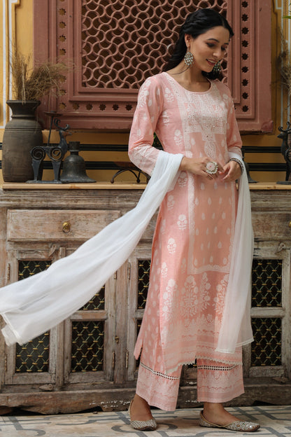 Peach  Printed Straight Kurta Sets