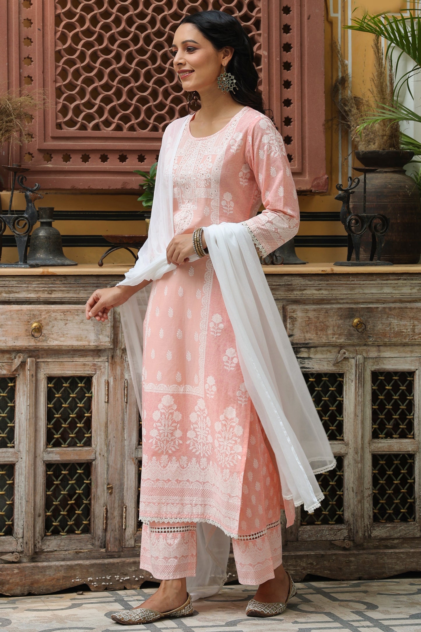 Peach  Printed Straight Kurta Sets