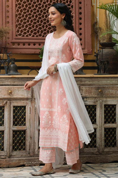 Peach  Printed Straight Kurta Sets