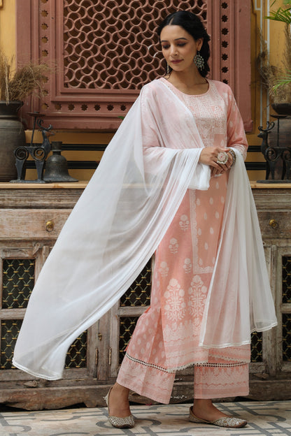 Peach  Printed Straight Kurta Sets